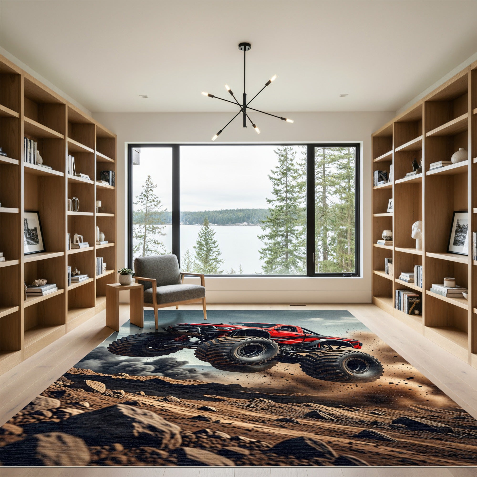 Dynamic Red Monster Truck Action Rug