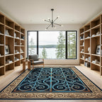 Ornate Blue Scrollwork with Golden Roses Rug