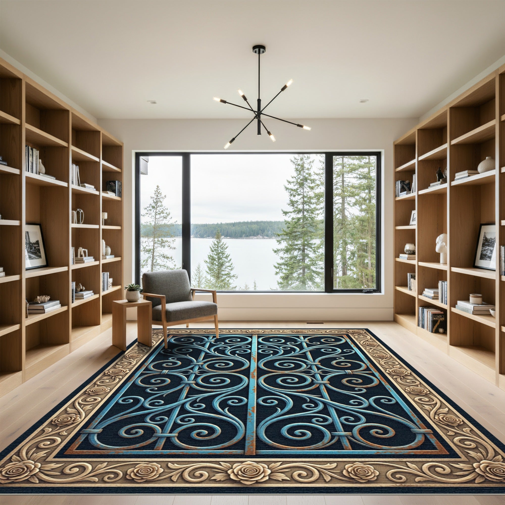 Ornate Blue Scrollwork with Golden Roses Rug