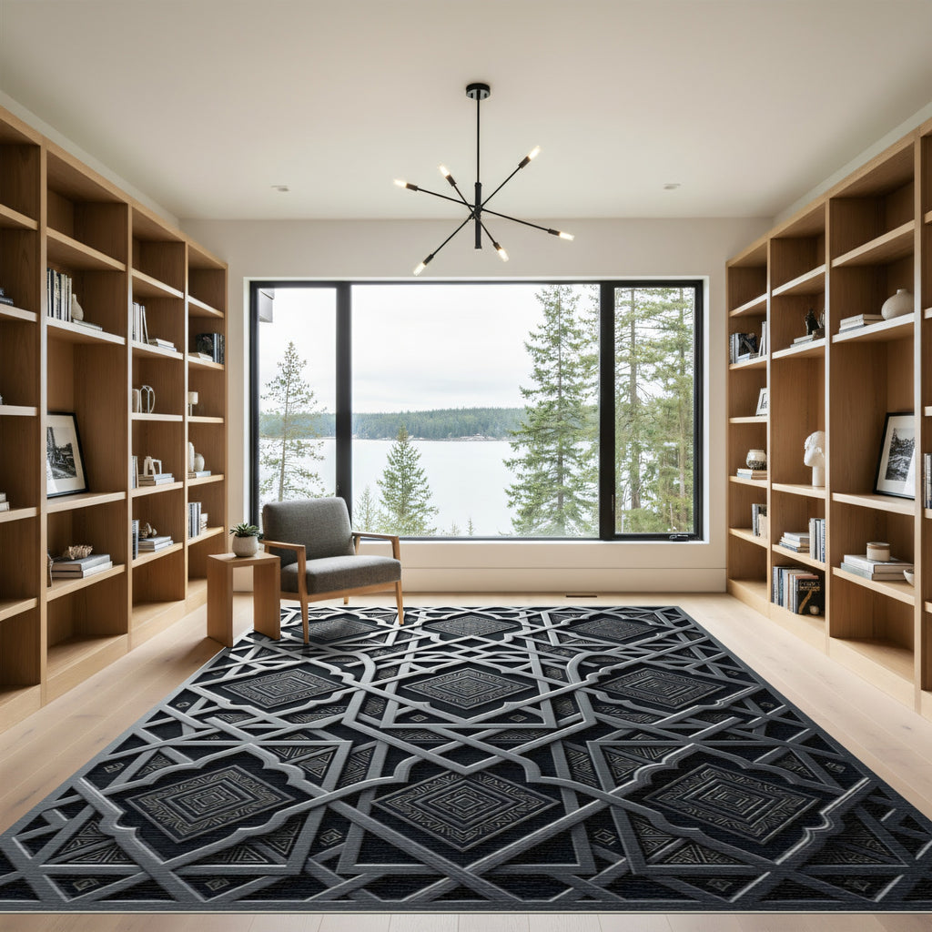 Metallic Silver Geometric Filigree Art Rug