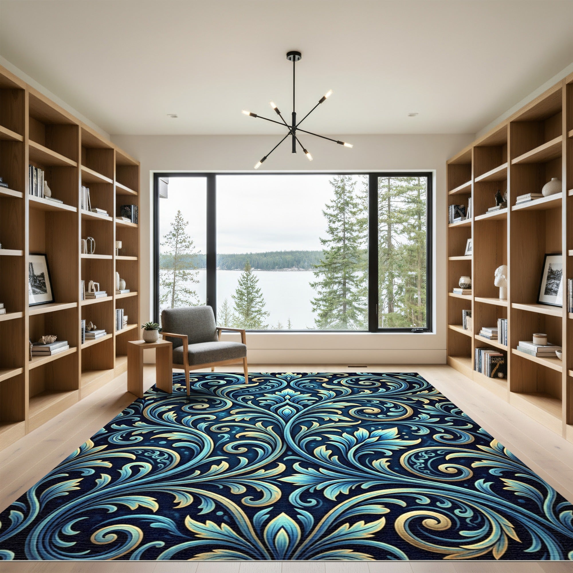 Ornate Blue Gold Acanthus Scroll Rug
