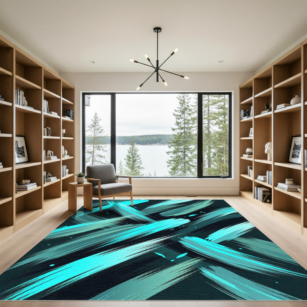 Aqua Teal Brushstrokes Abstract Rug