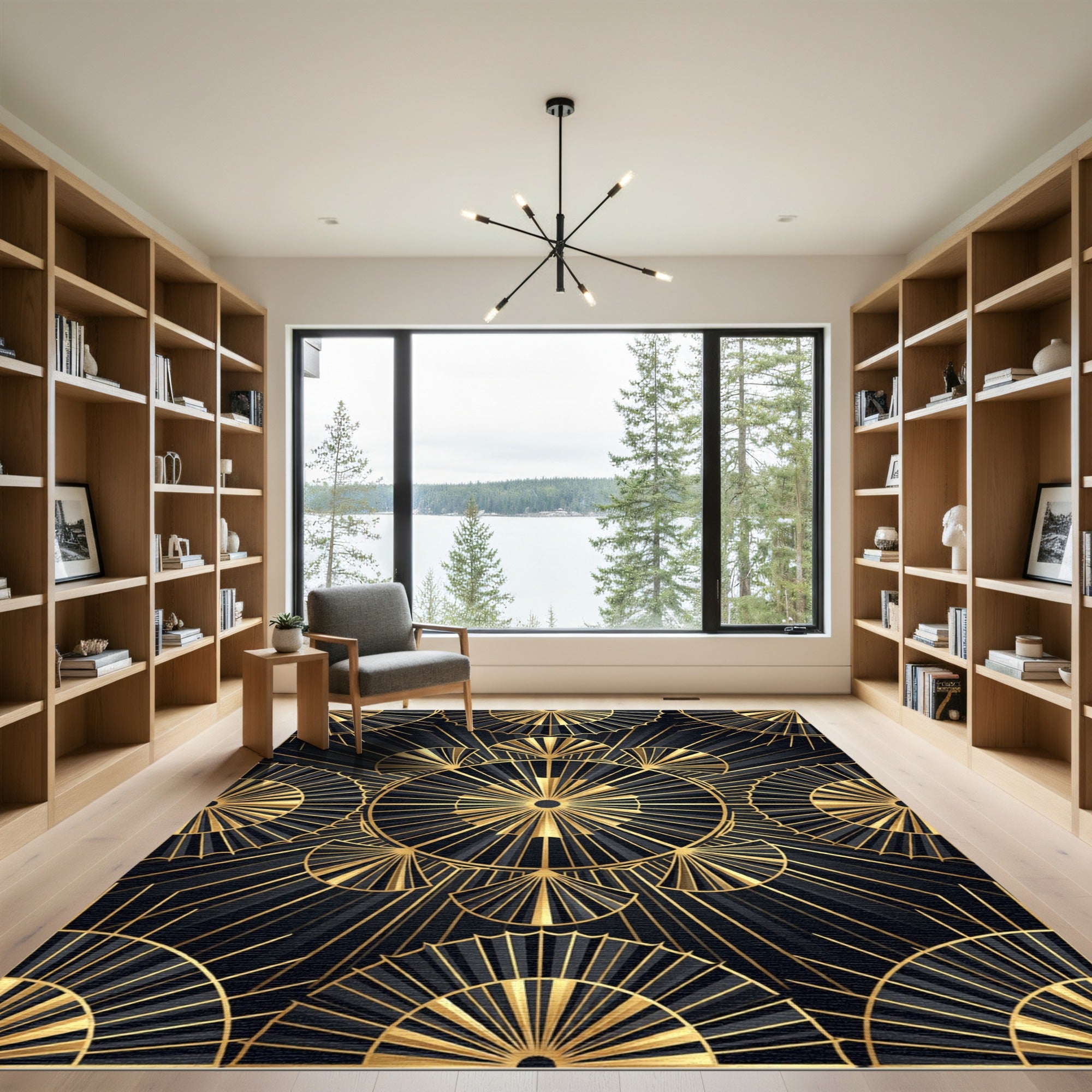 Art Deco Golden Fan Geometric Black Rug