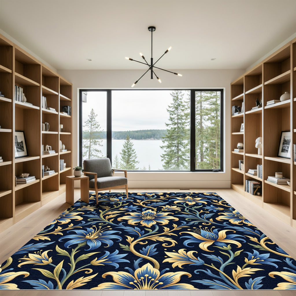 Golden Floral Vine Blue Botanical Art Rug