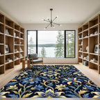 Golden Floral Vine Blue Botanical Art Rug