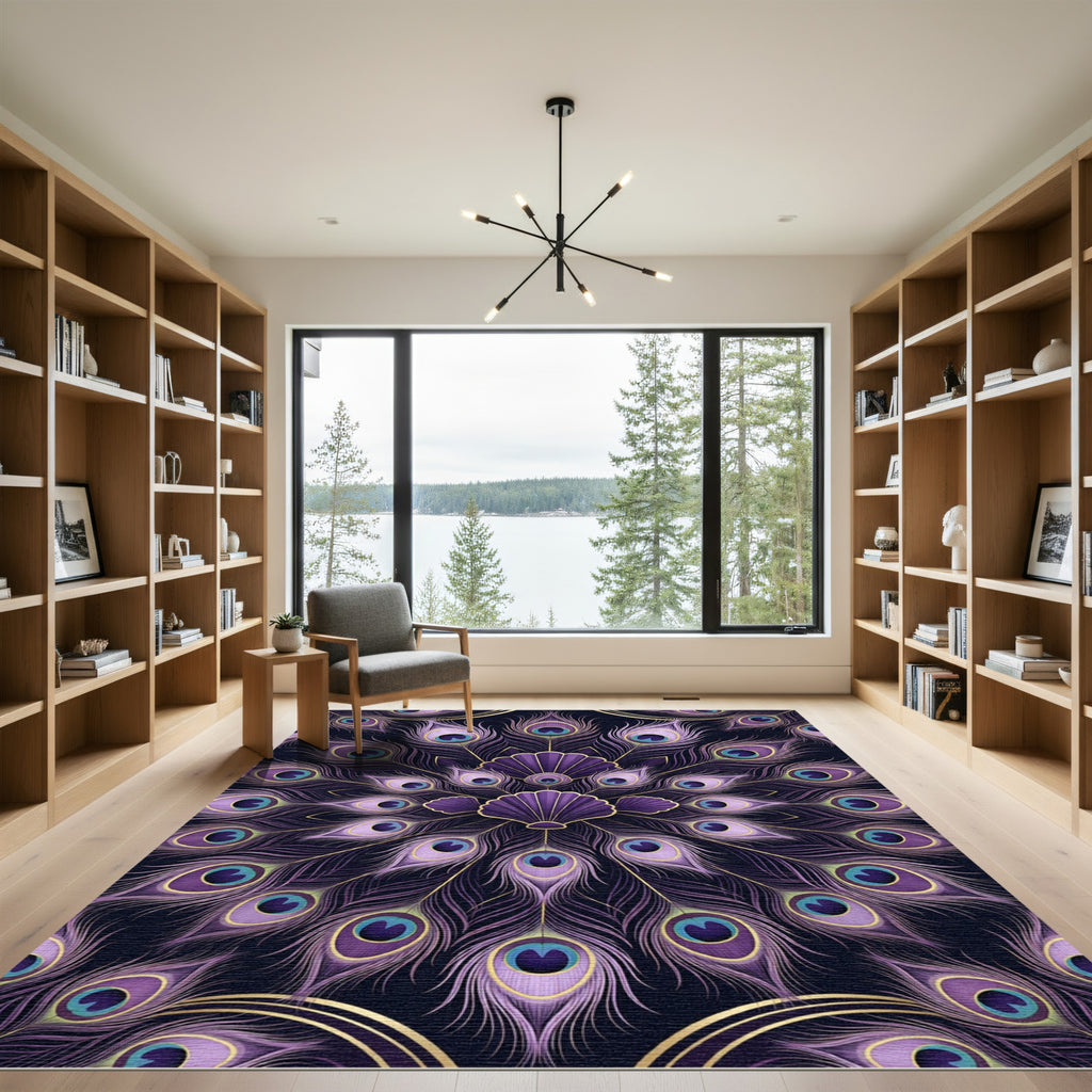 Elegant Purple Peacock Feather Mandala Rug