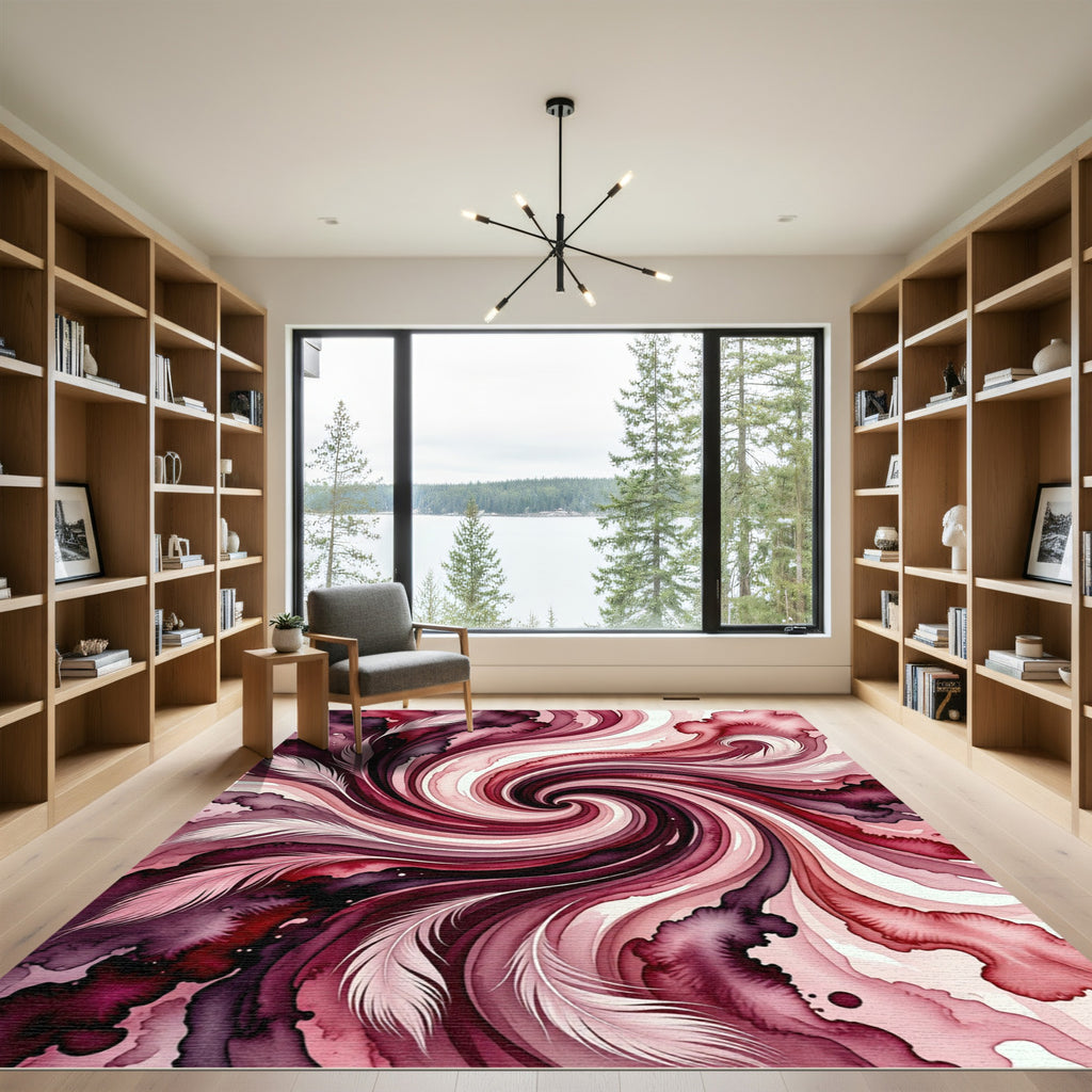 Burgundy Feather Swirl Abstract Wash Rug