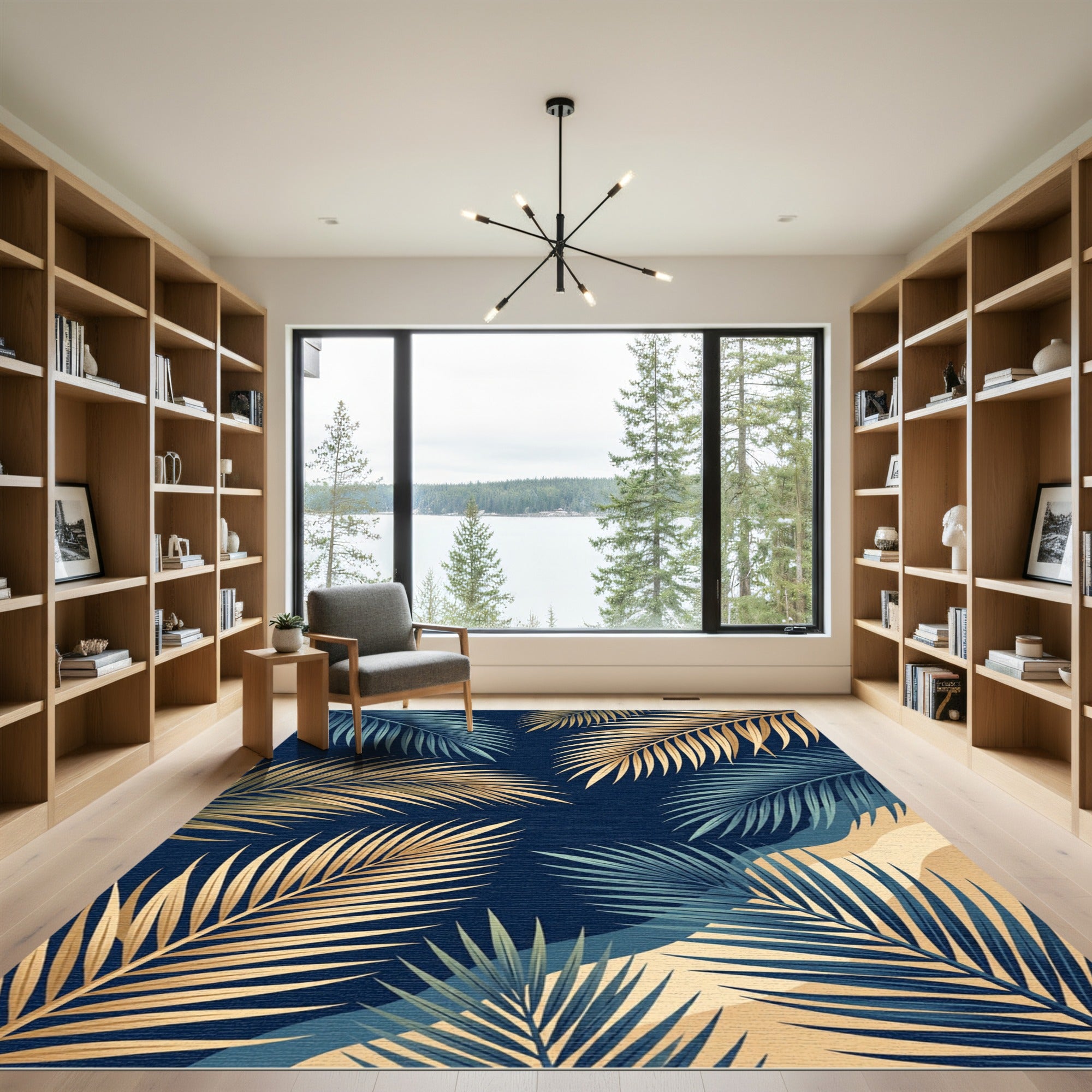 Golden and Teal Tropical Palm Leaf Rug