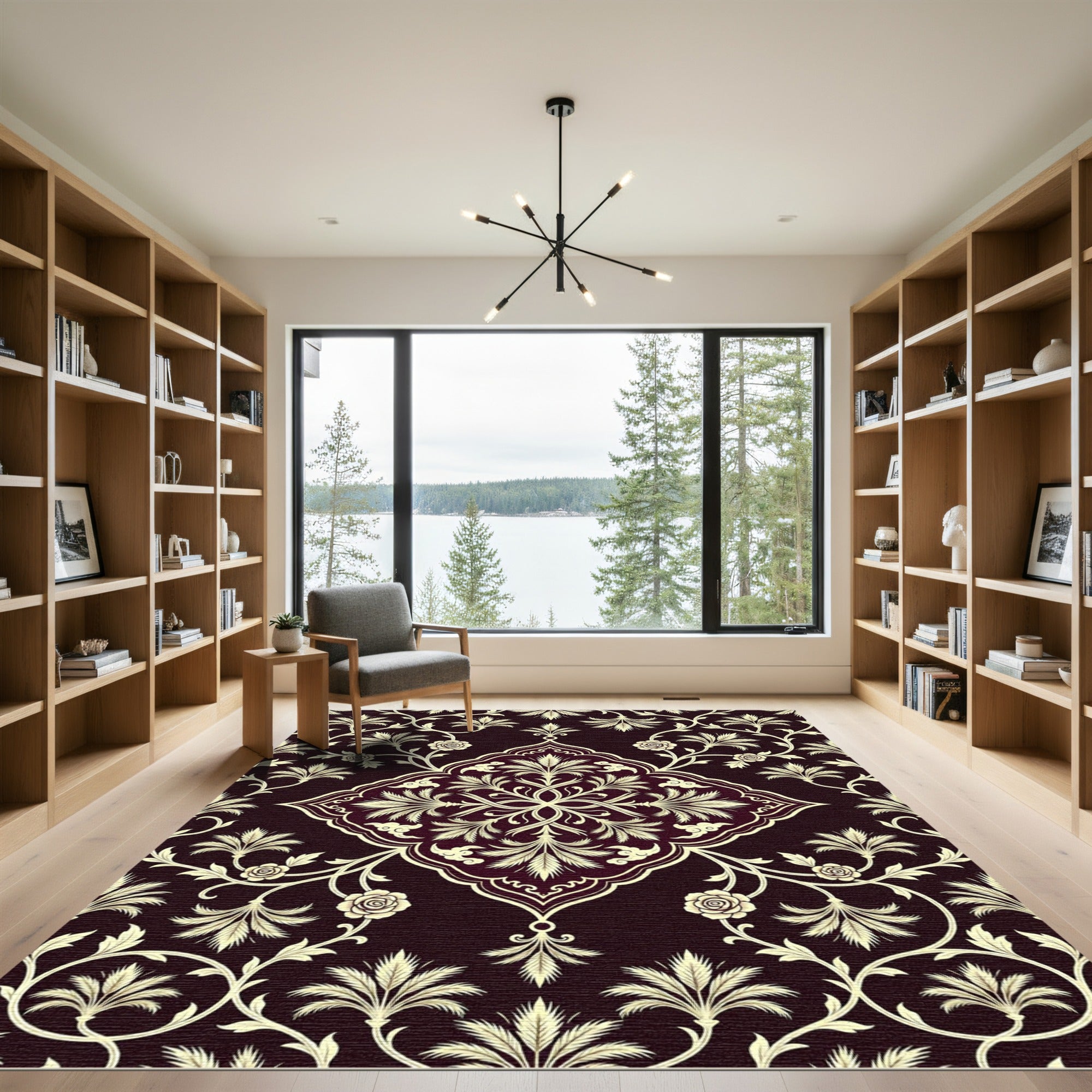 Elegant Dark Burgundy Floral Damask Rug