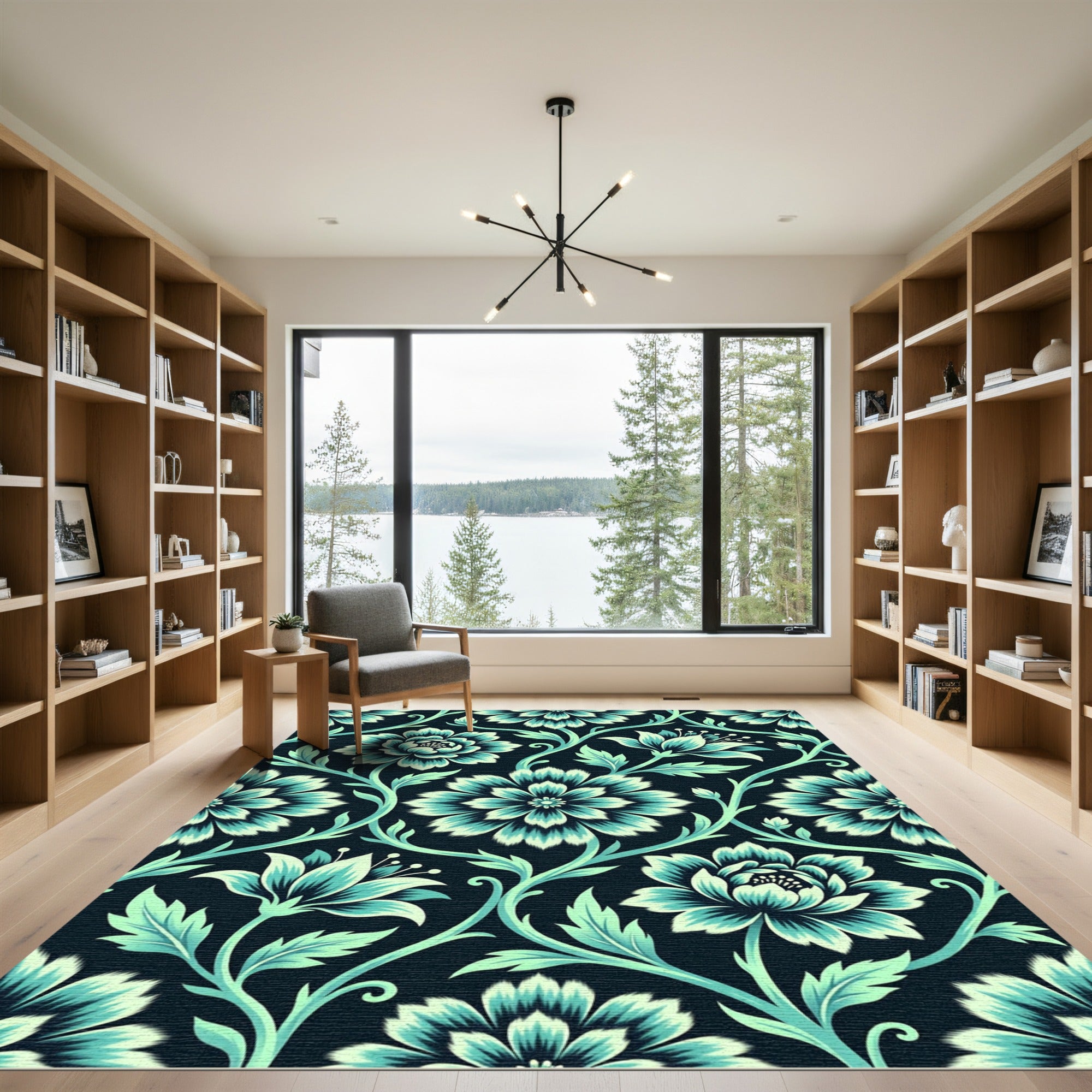 Teal And Cream Floral Vines Rug