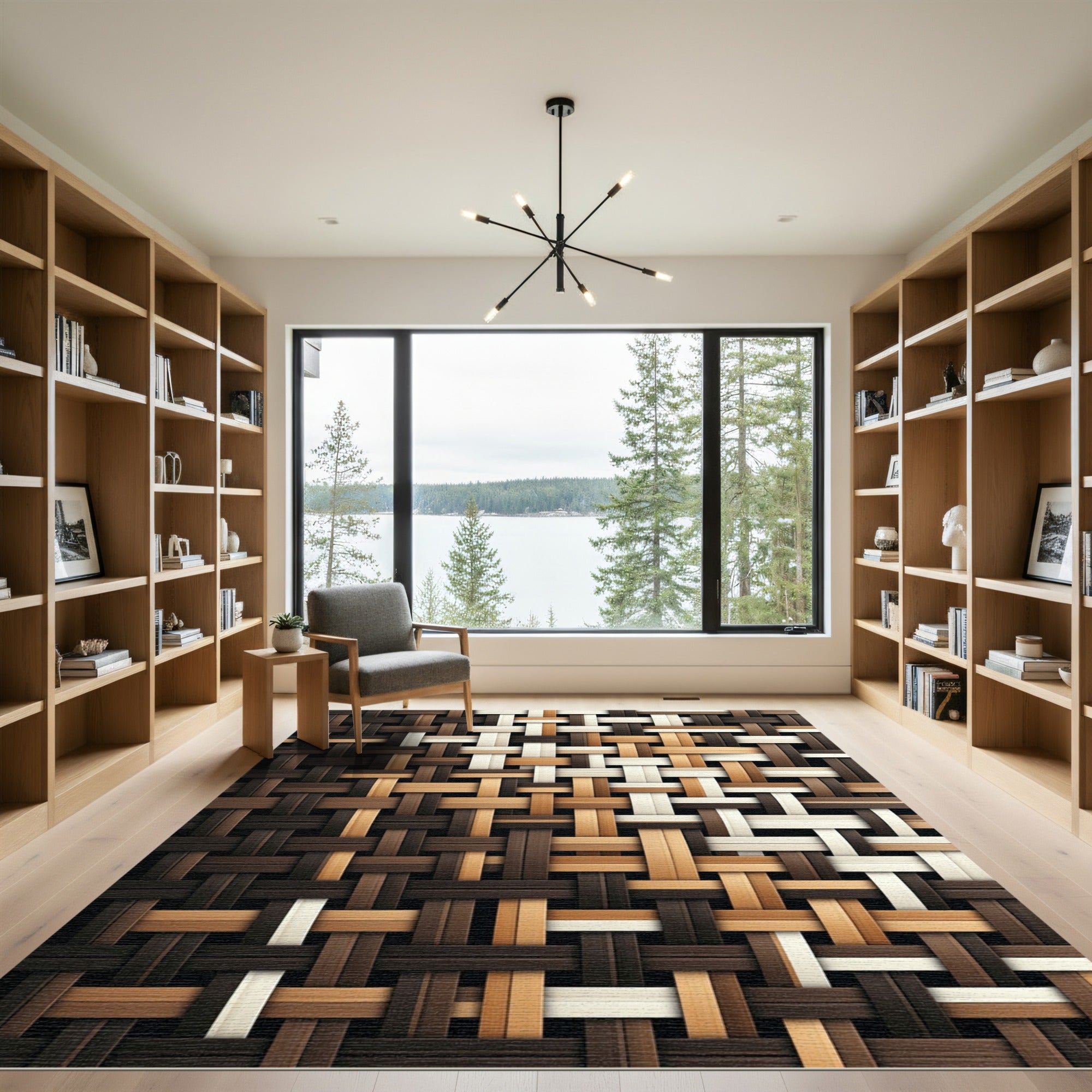 Woven Wood Tones Interlocking Geometric Rug