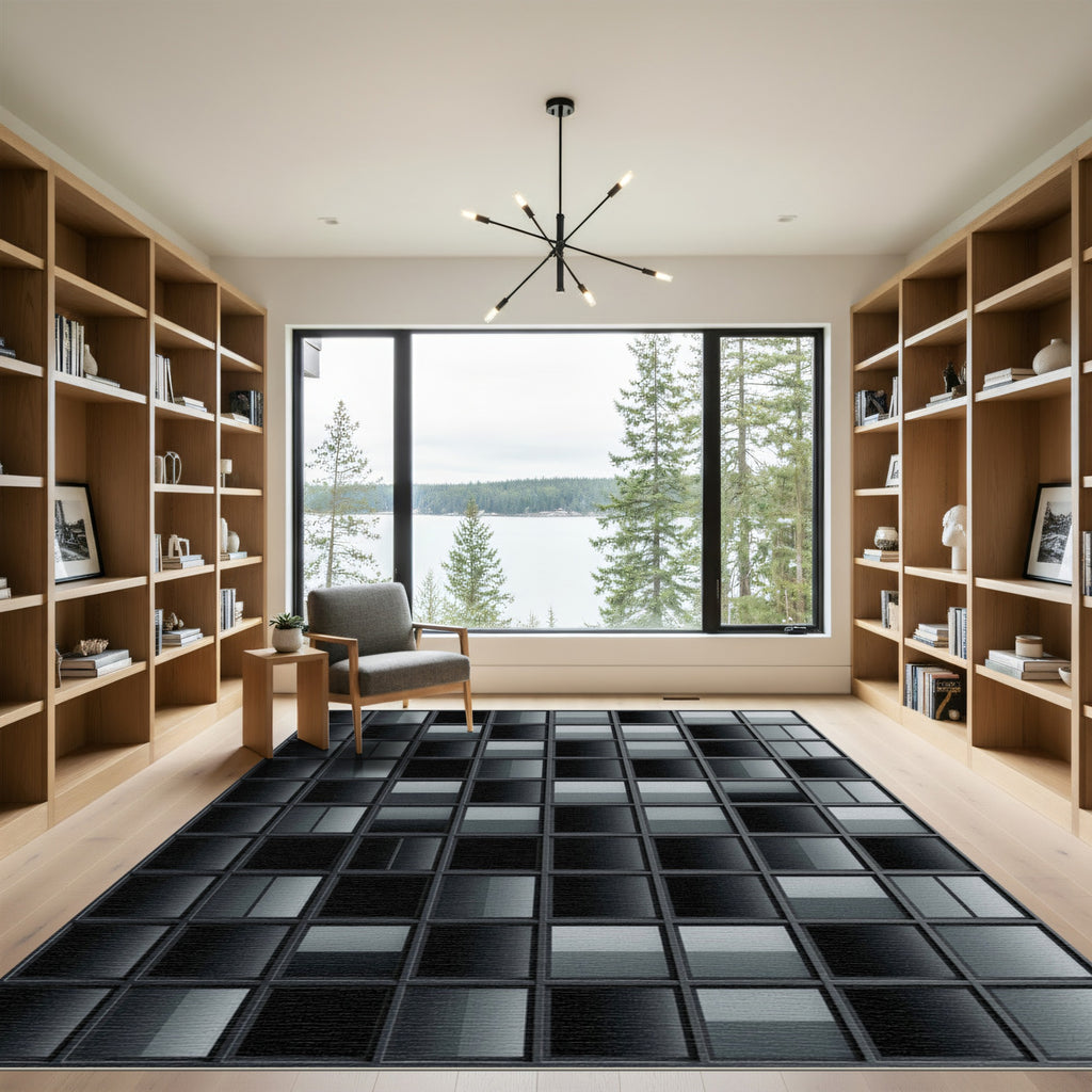 Modern Monochrome Grid Architectural Squared Rug