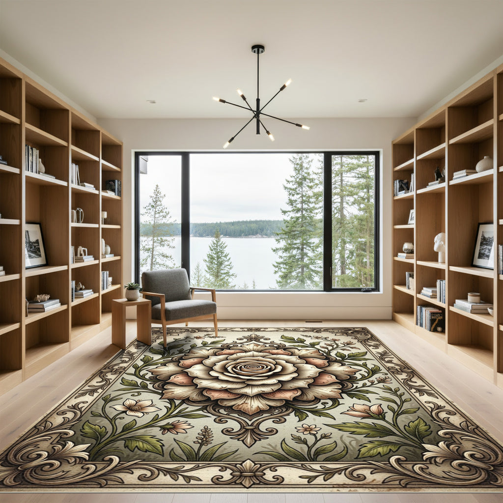 Vintage Neutral Floral Damask Medallion Rug