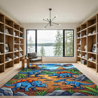 Vibrant Volcanic Blue Dinosaur Landscape Rug