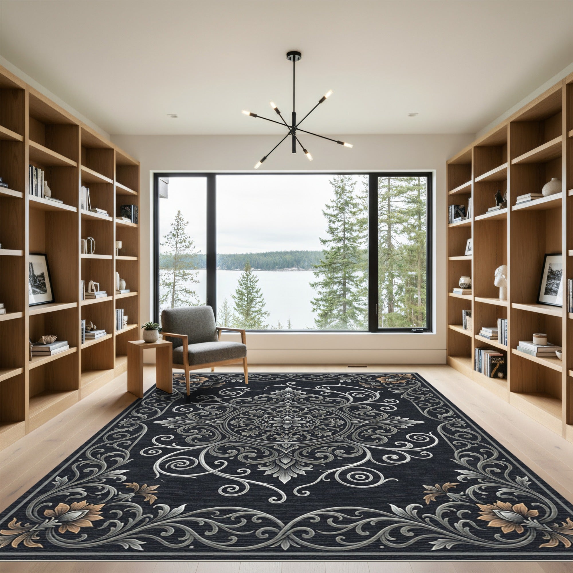 Intricate Silver Floral Vines Rug