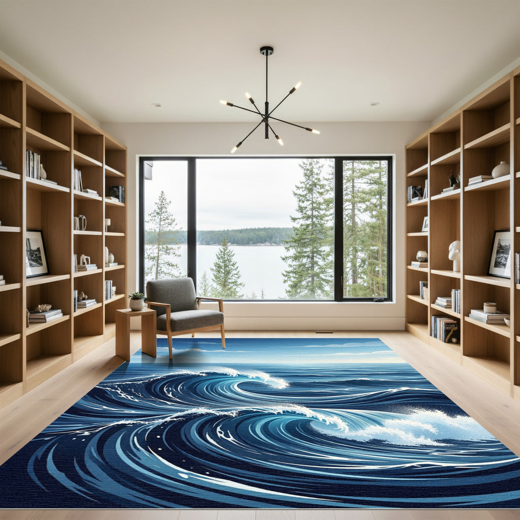Deep Blue Curving Ocean Wave Rug