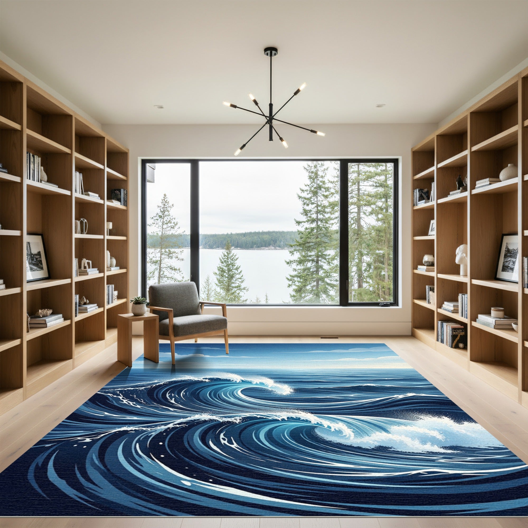 Deep Blue Curving Ocean Wave Rug