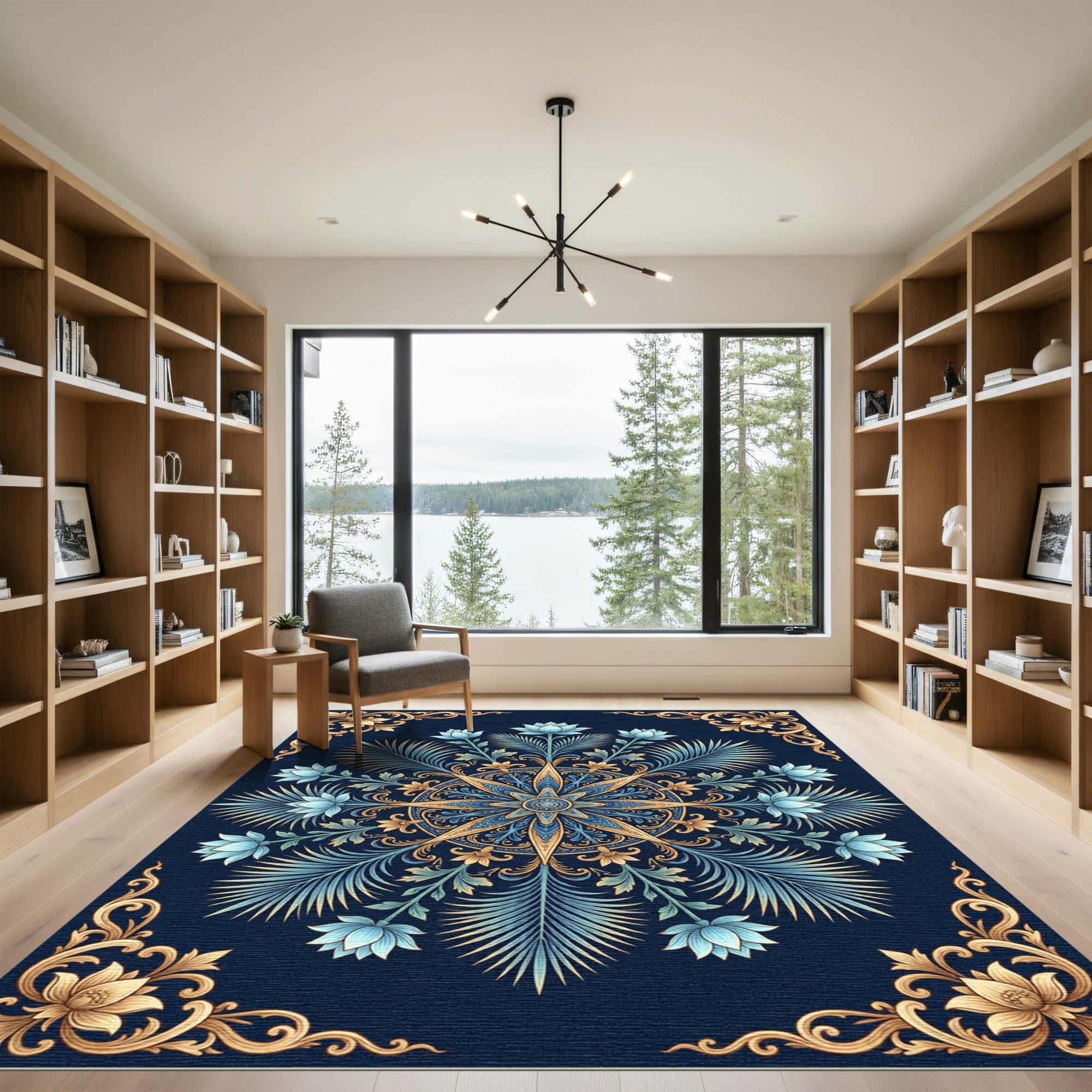 Navy Gold Blue Floral Medallion Rug