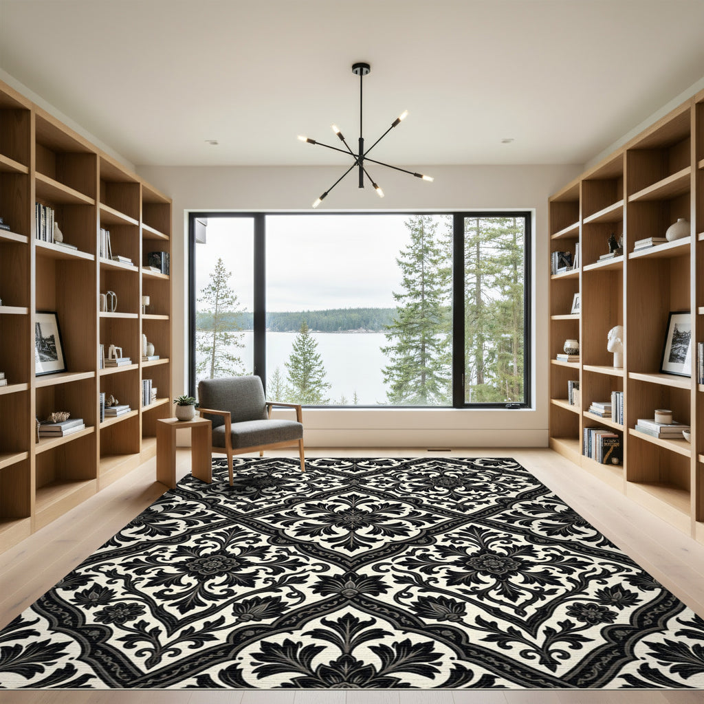 Classic Black Ivory Floral Damask Rug