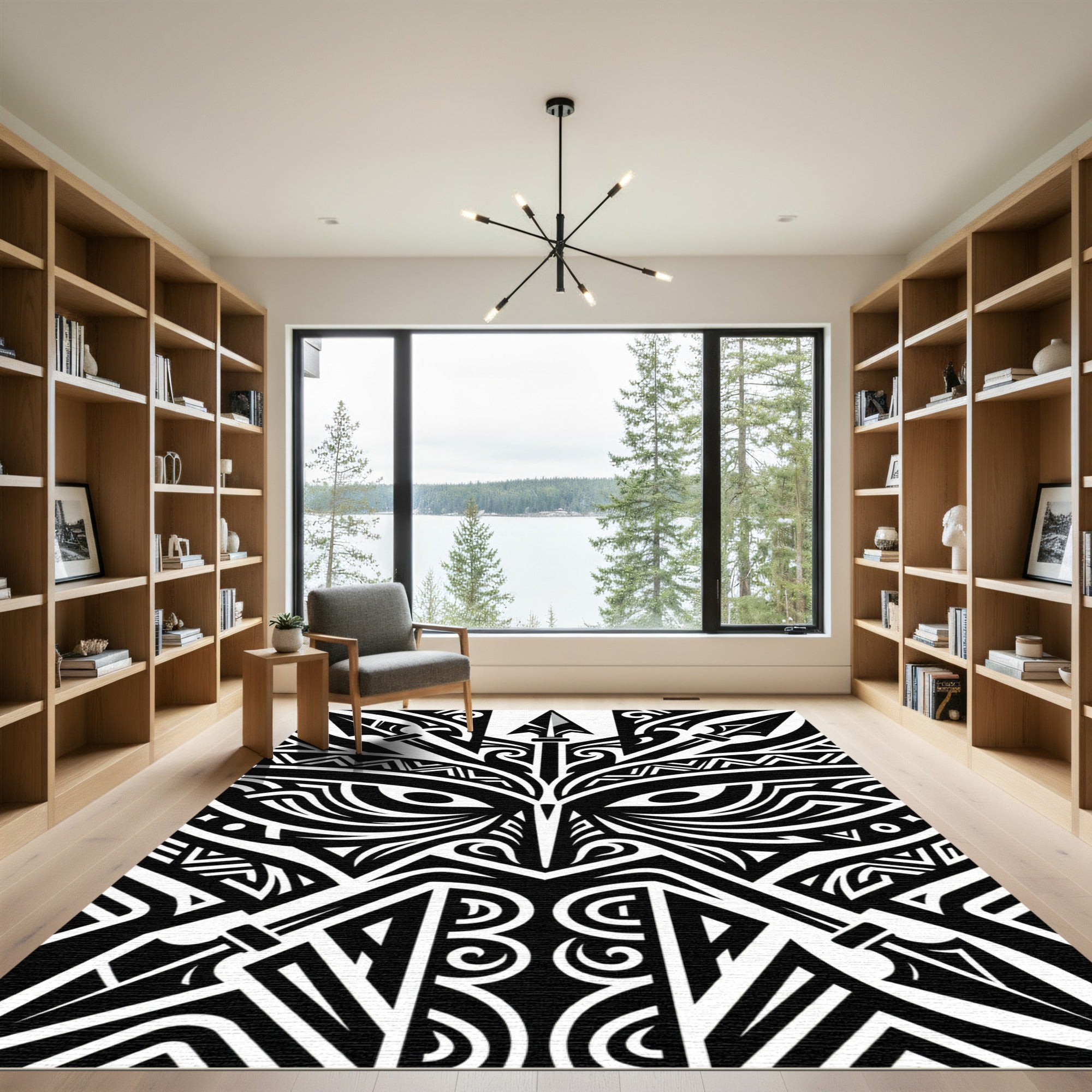 Bold Monochrome Polynesian Warrior Tribal Art Rug