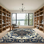 Elegant Navy Floral Cream Medallion Rug