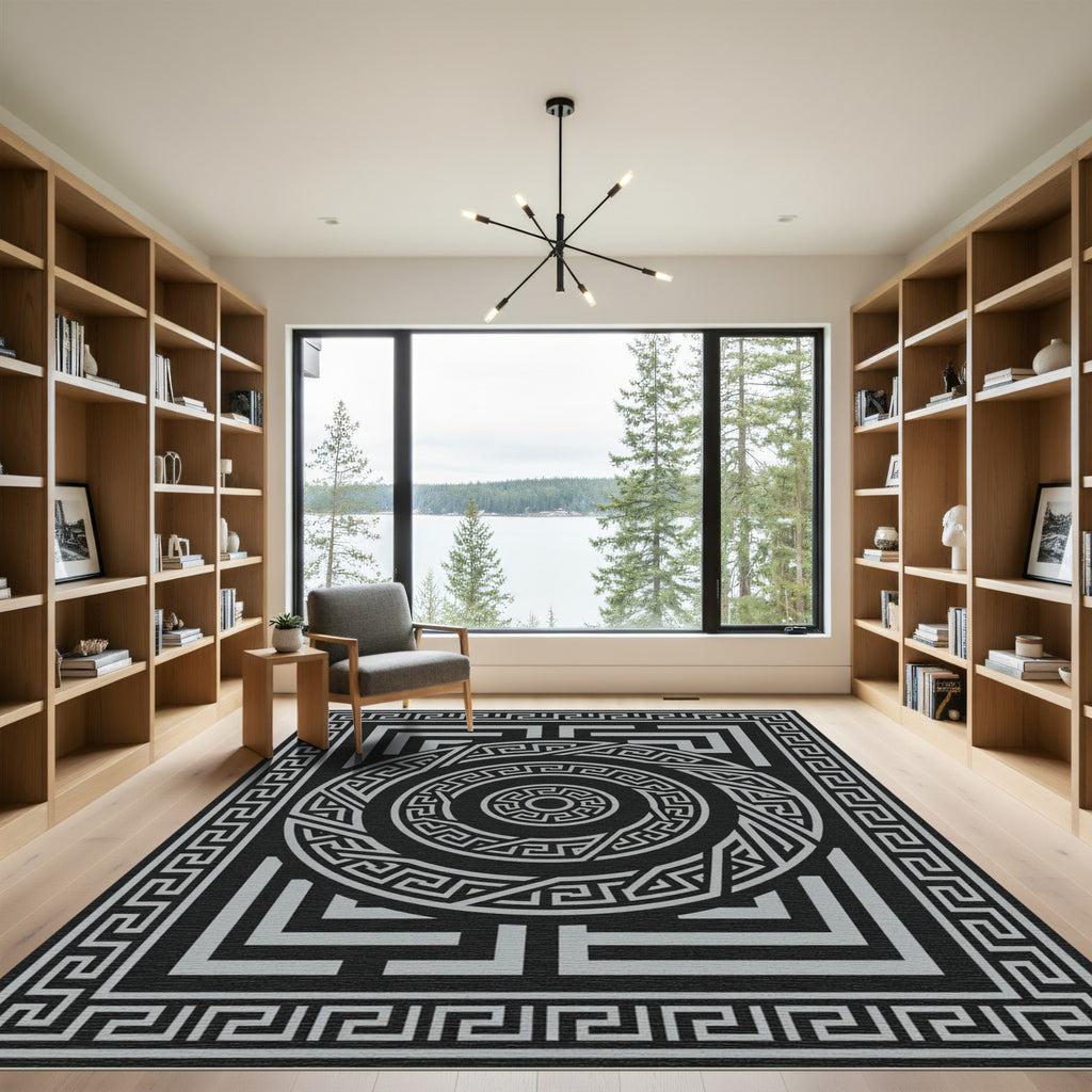 Monochrome Greek Key Circular Border Area Rug