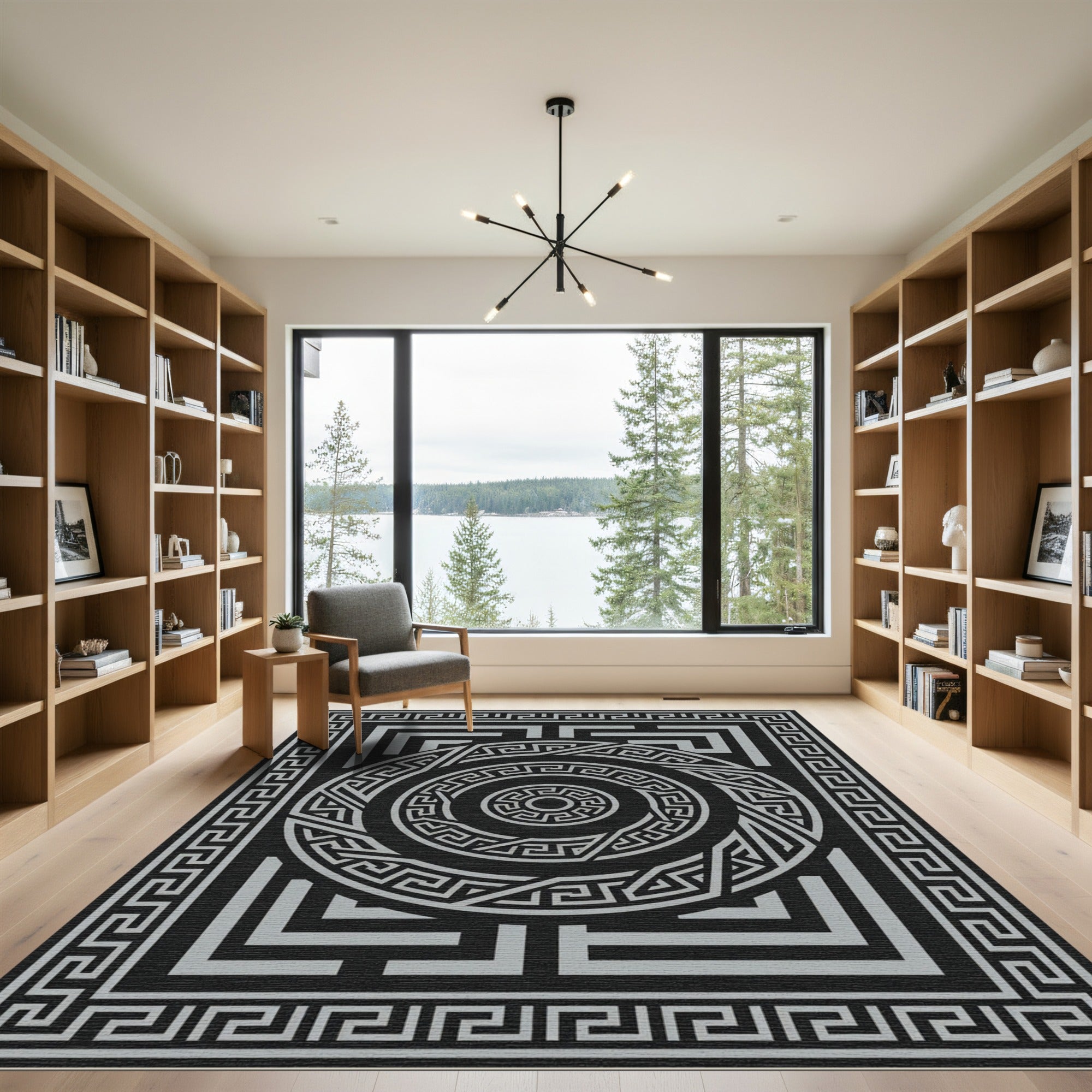 Monochrome Greek Key Circular Border Area Rug