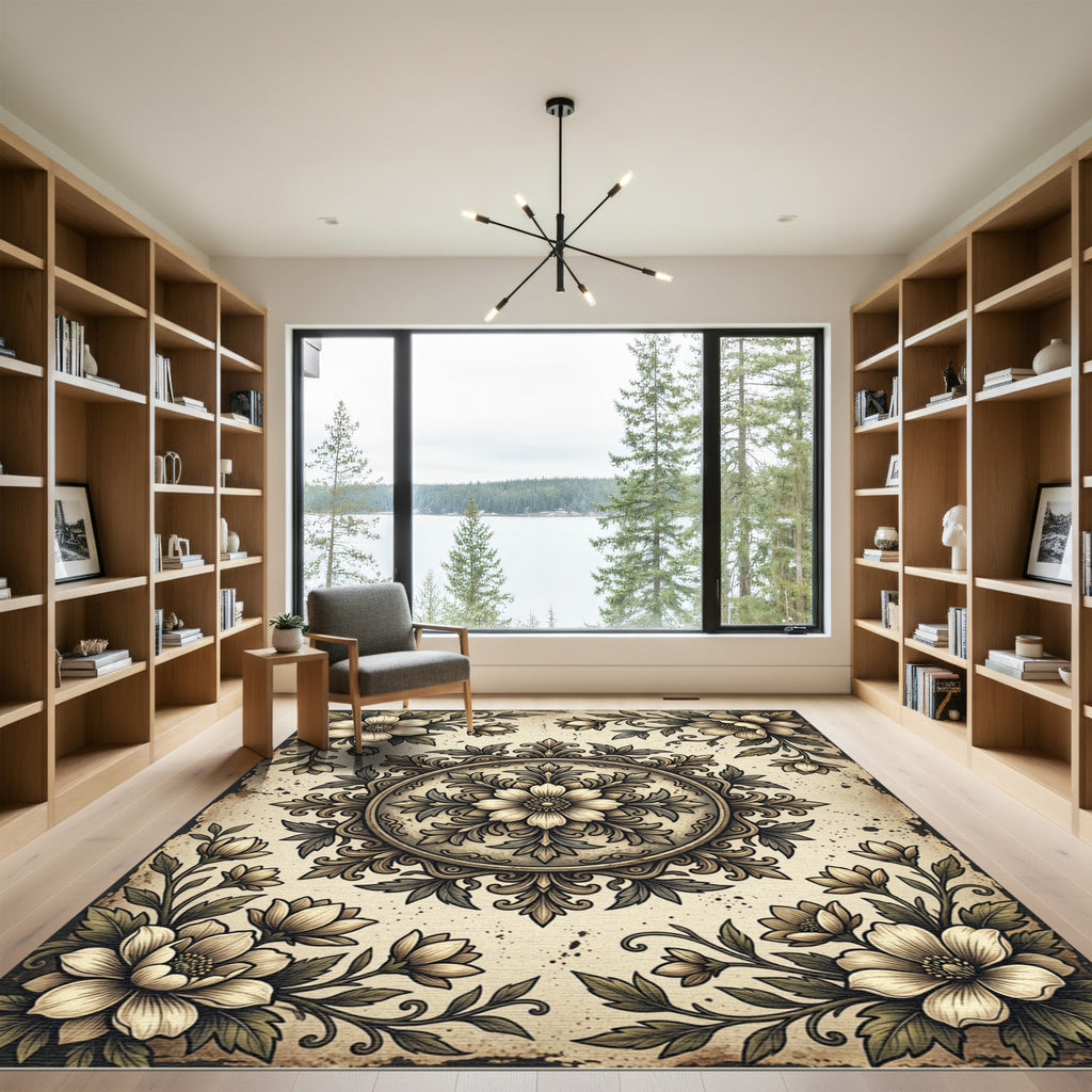 Vintage Cream Floral Medallion Scroll Rug