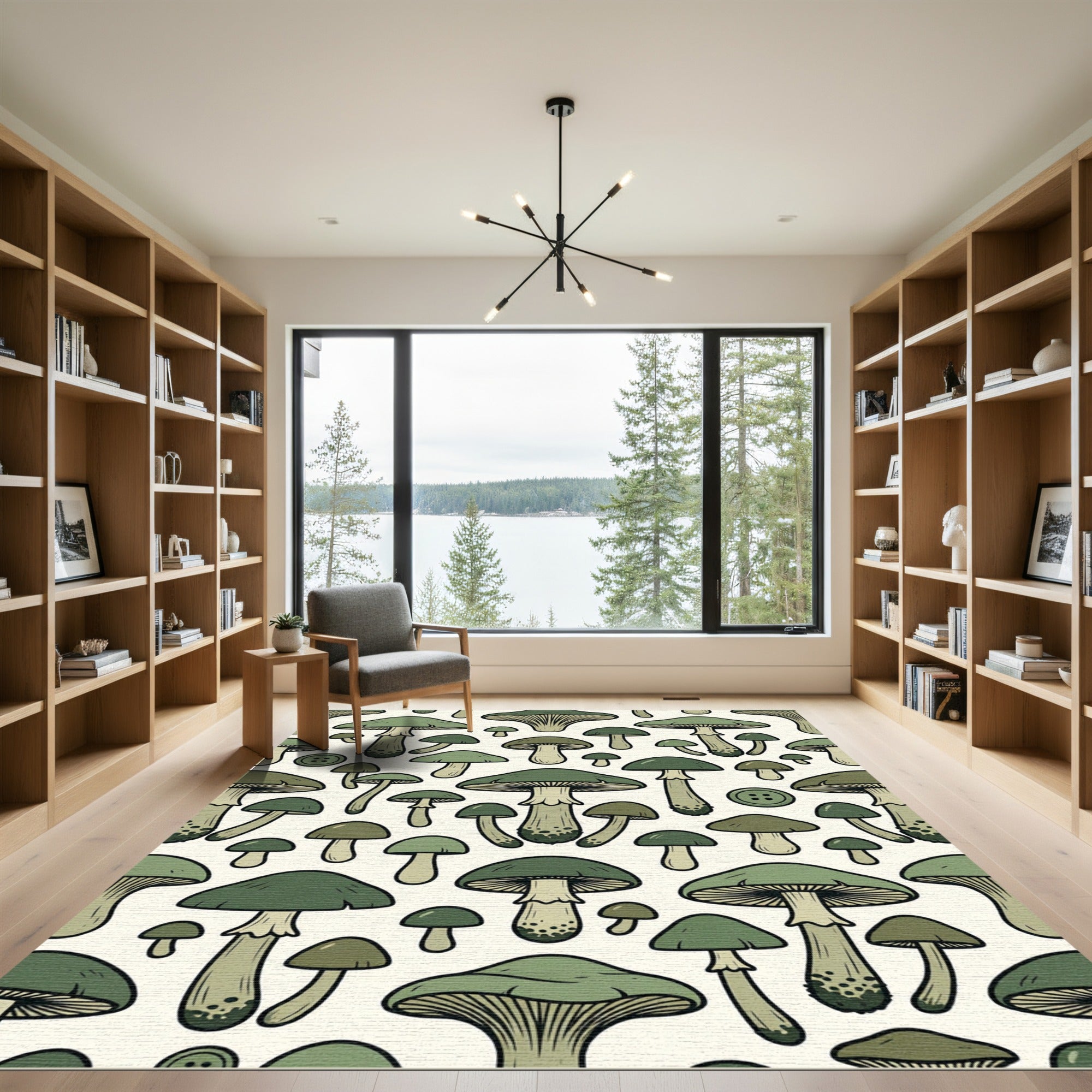 Whimsical Sage Mushroom Forest Illustration Rug