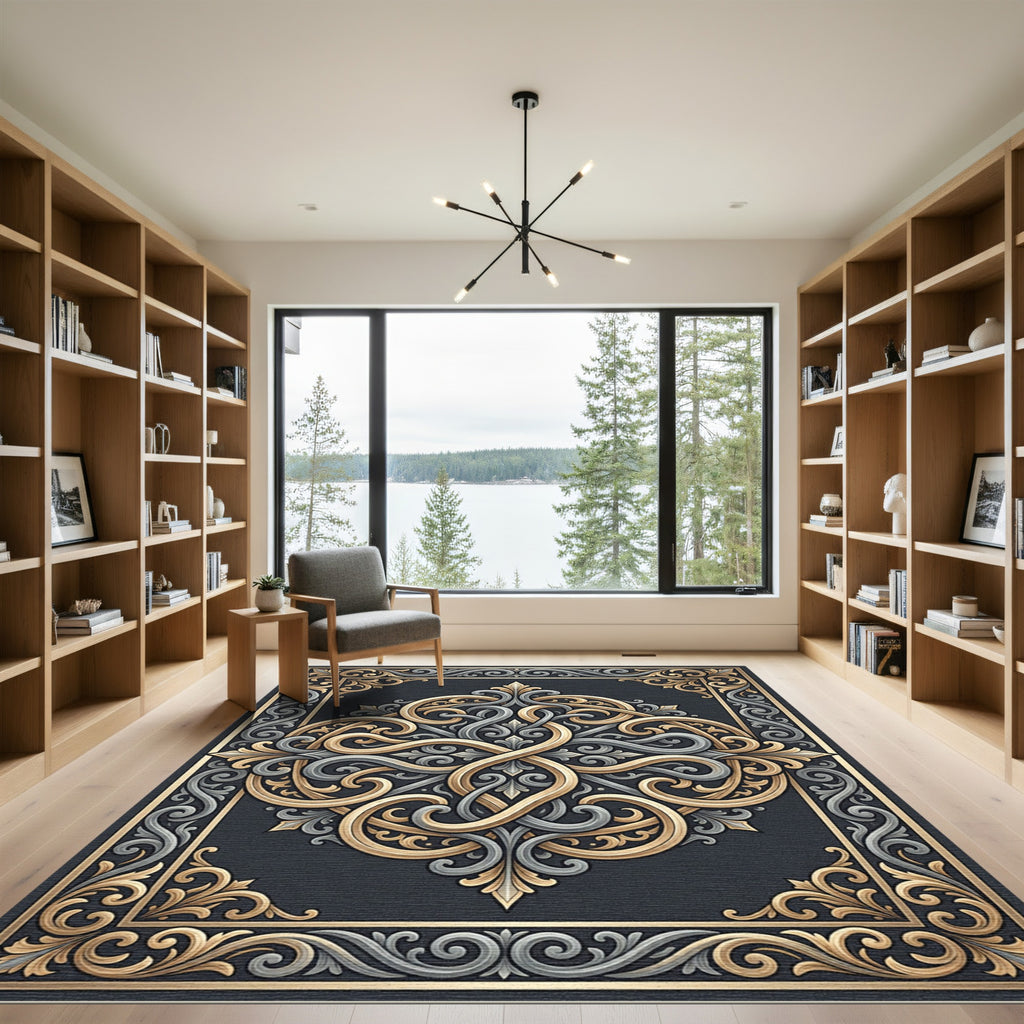 Ornate Gold and Silver Scroll Medallion Rug