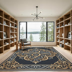 Ornate Gold and Silver Scroll Medallion Rug