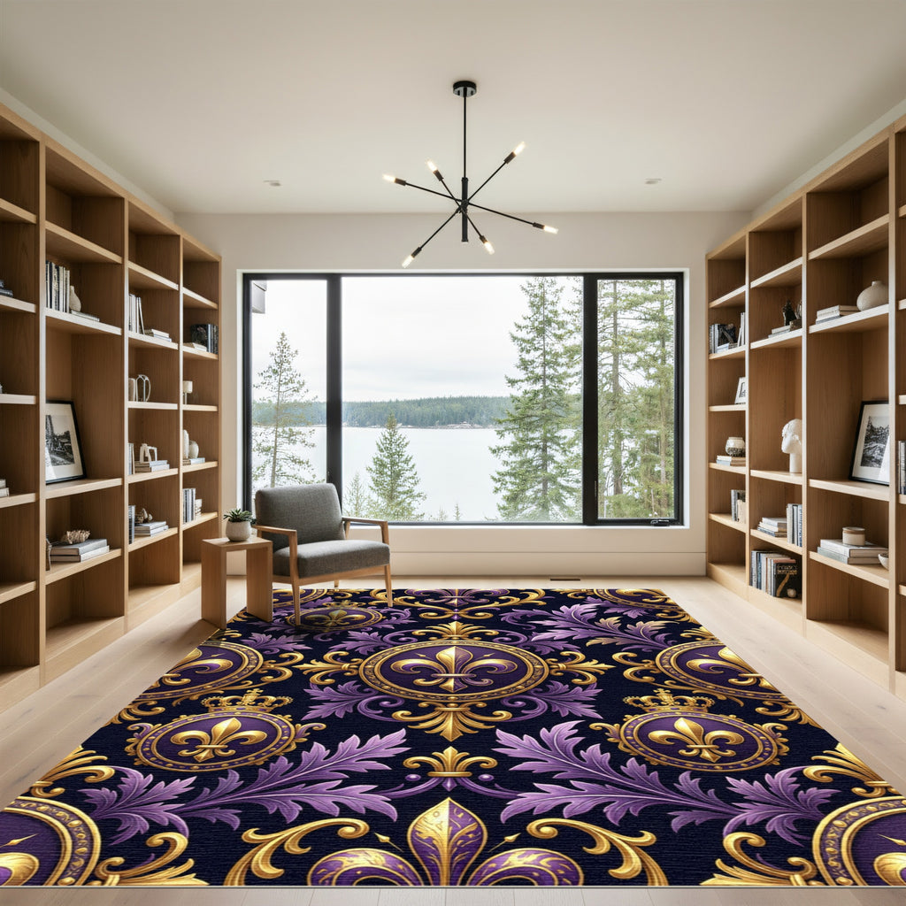 Royal Purple Golden Fleur-de-lis Damask Rug