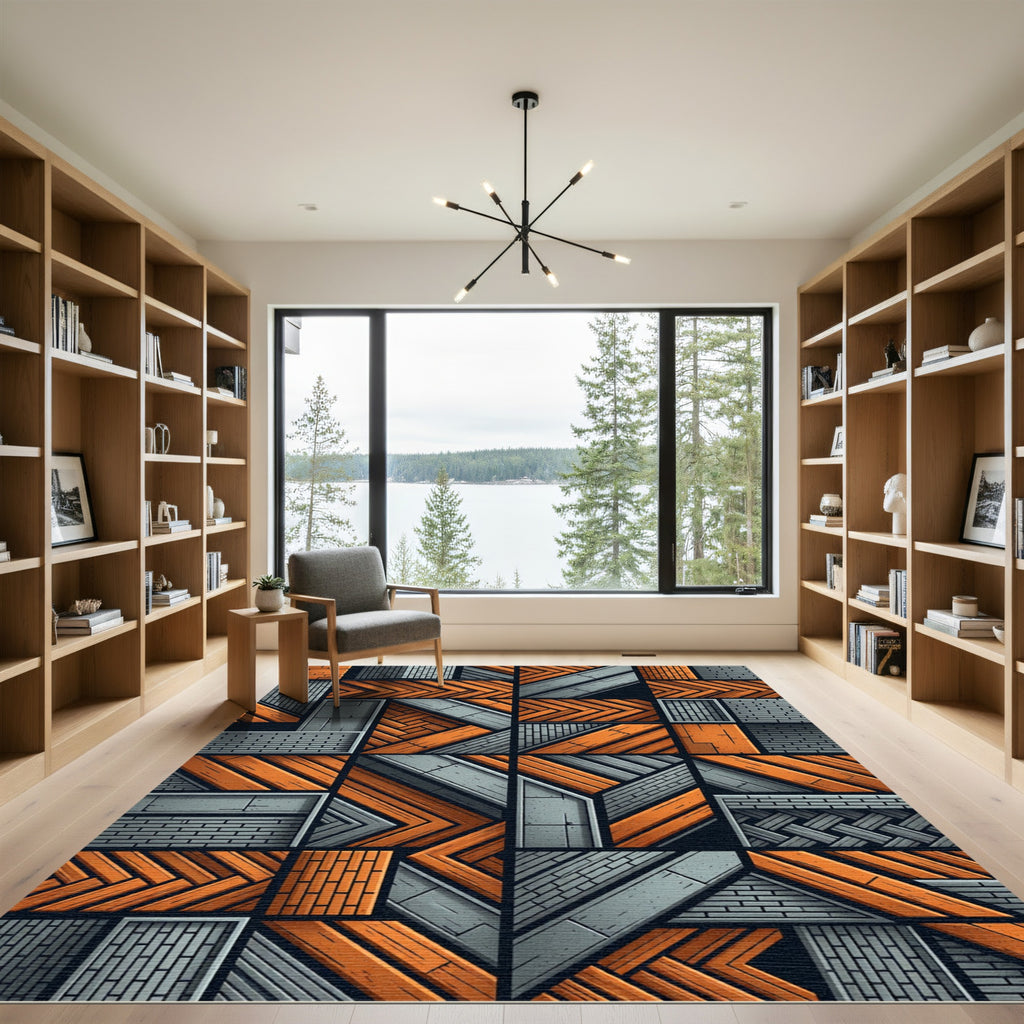 Orange Gray Geometric Wood Plank Composition Rug