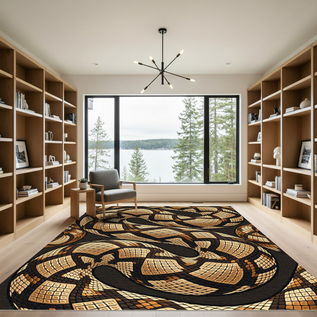 Coiled Serpent Brown Abstract Reptile Scale Rug