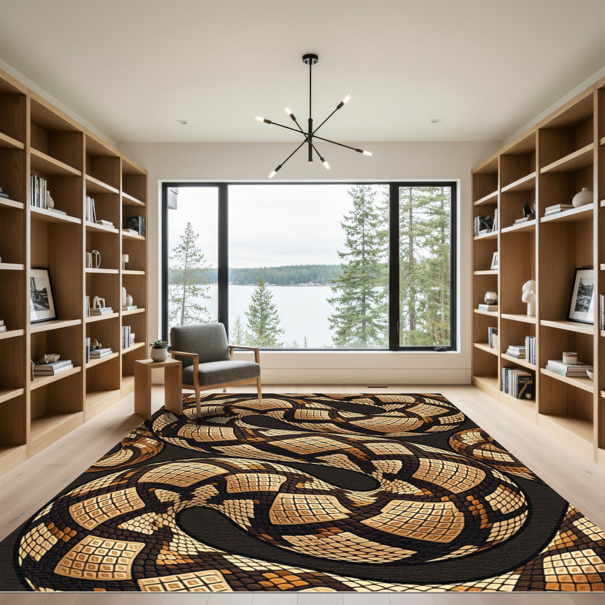 Coiled Serpent Brown Abstract Reptile Scale Rug