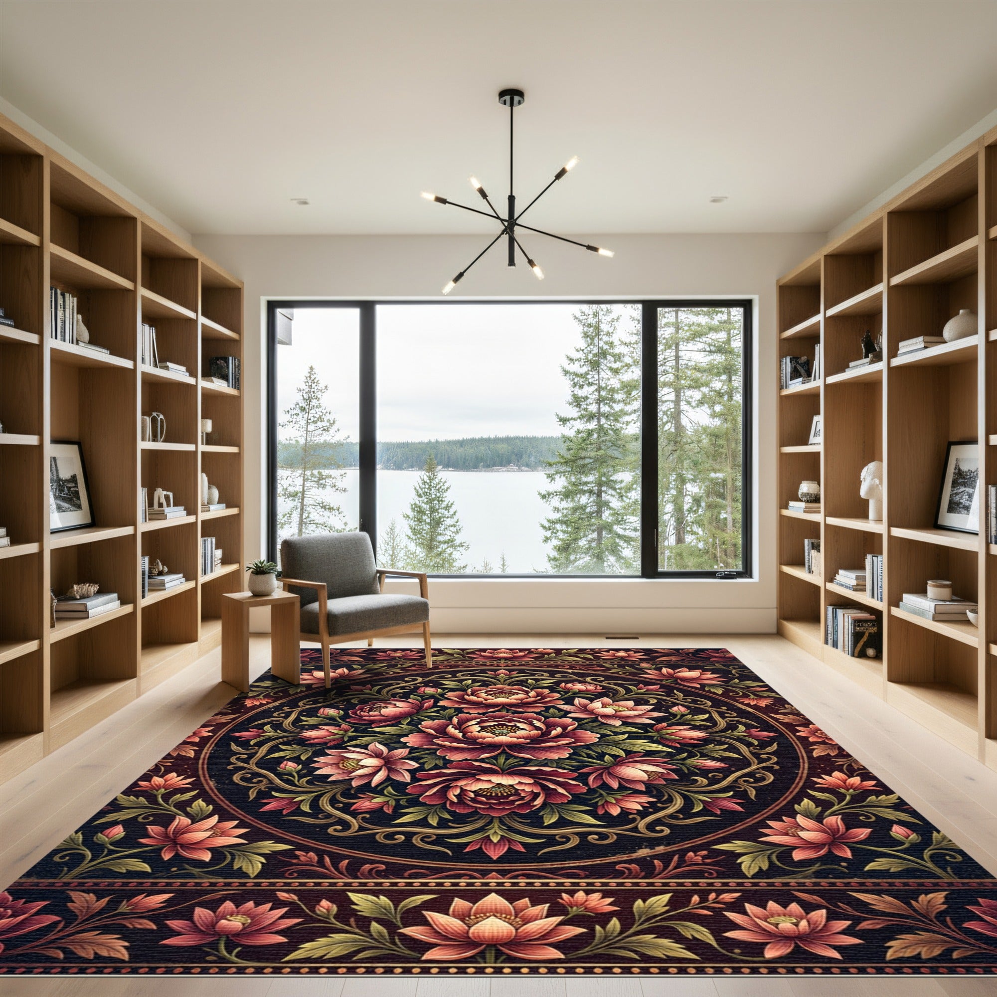Ornate Crimson Lotus Floral Medallion Rug