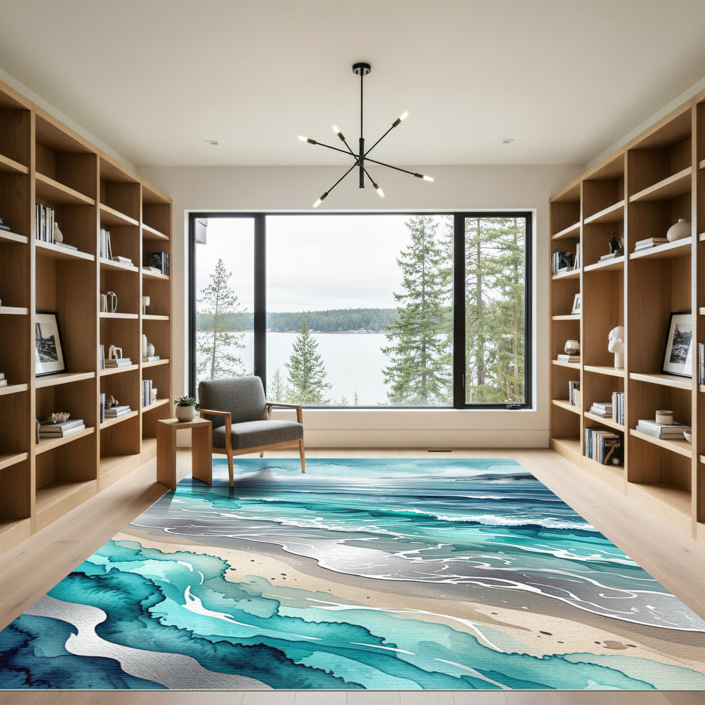 Coastal Teal Ocean Wave Watercolor Rug