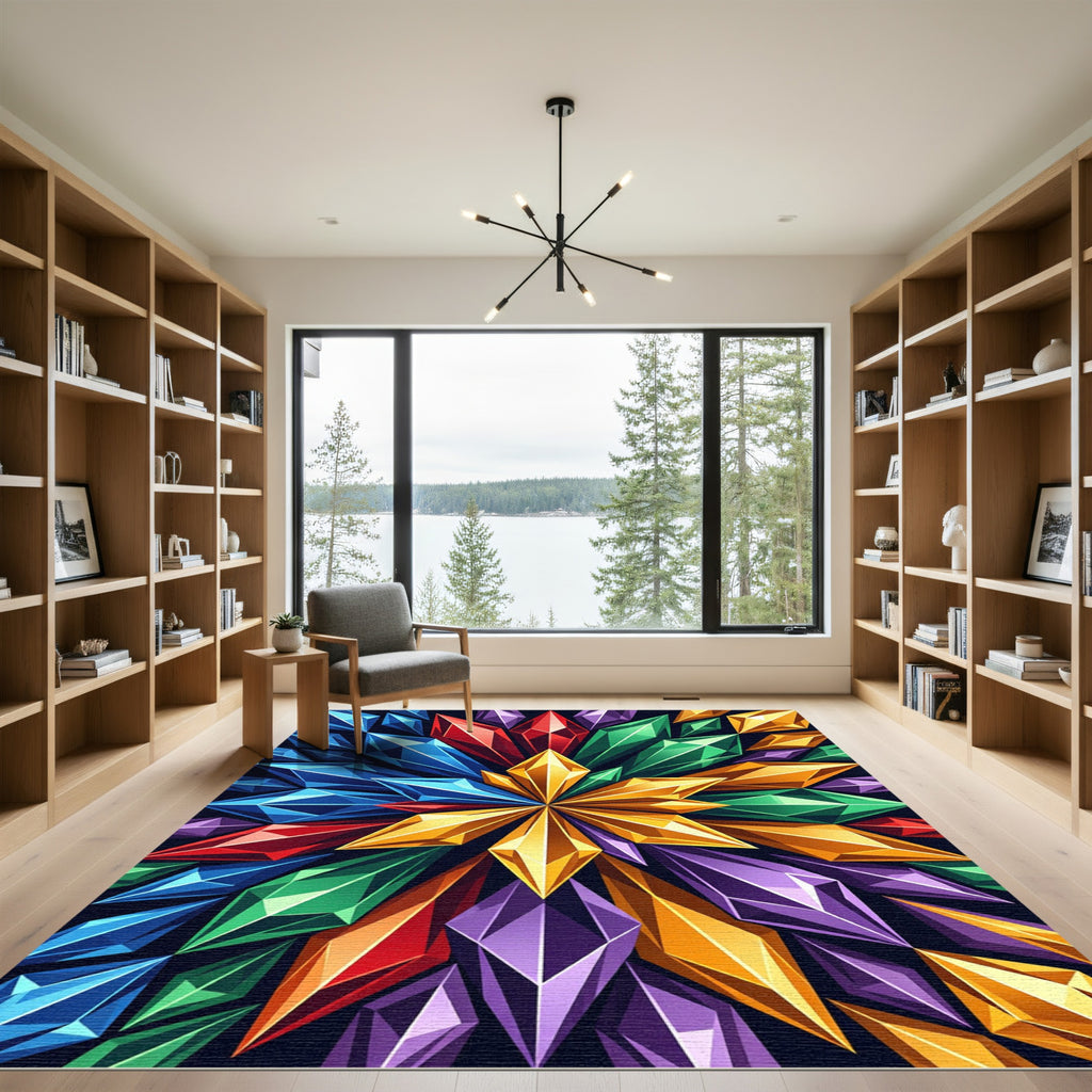 Vibrant Geometric Jeweled Starburst Art Rug