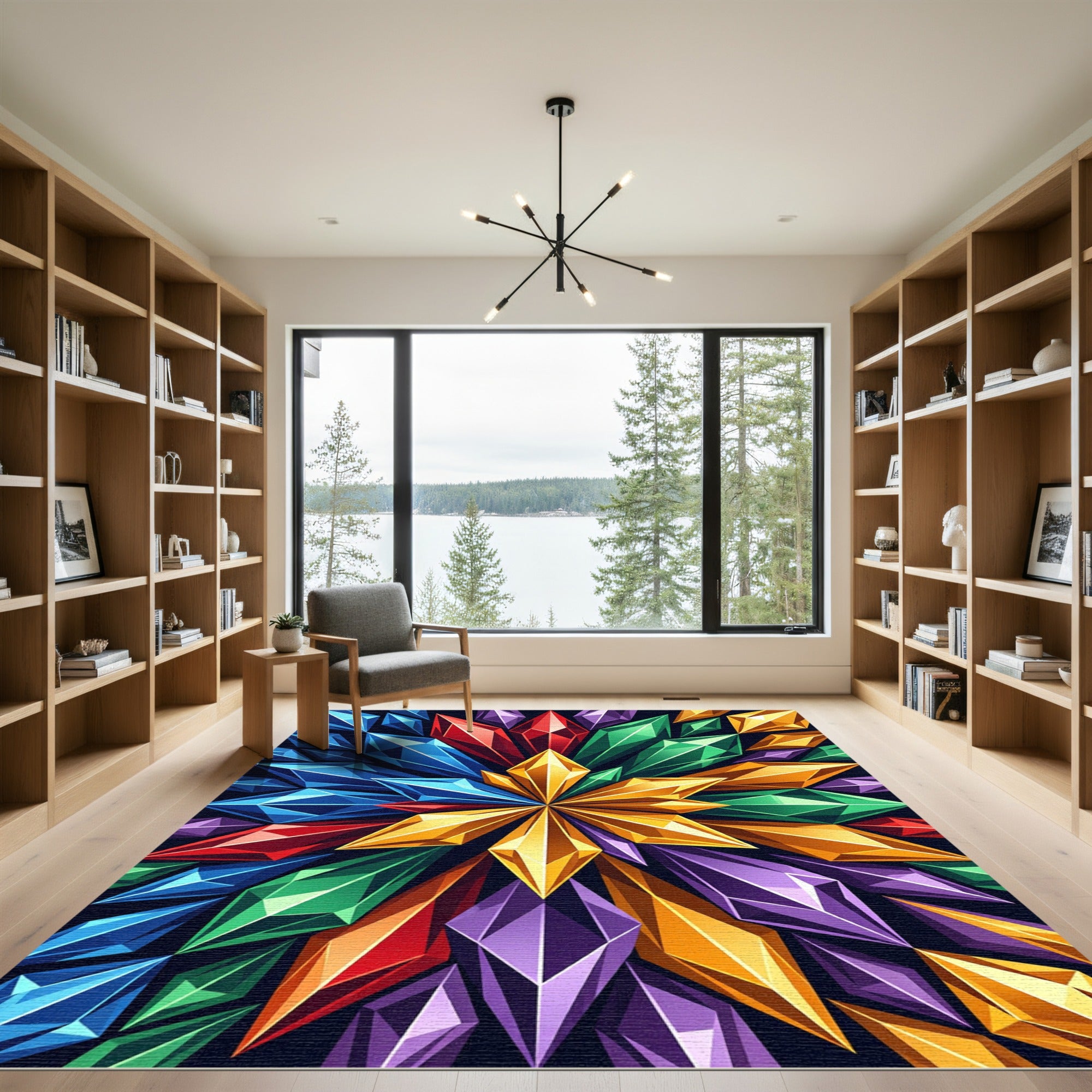 Vibrant Geometric Jeweled Starburst Art Rug
