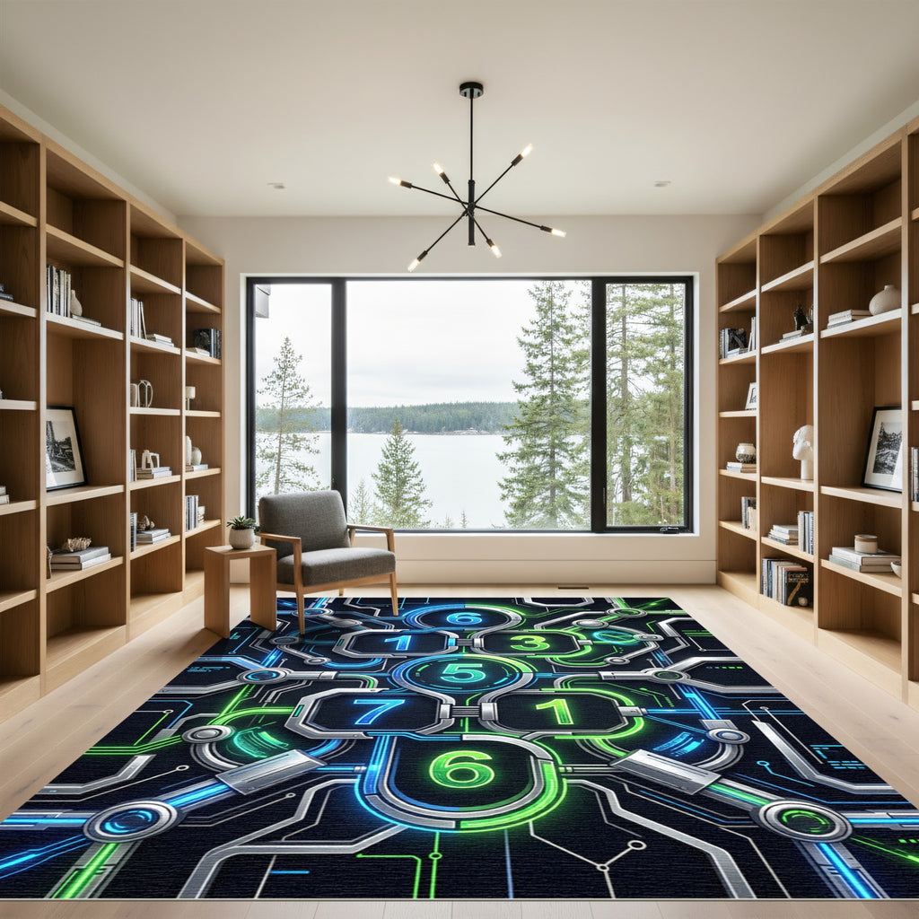 Neon Cybernetic Circuitry Glowing Digital Matrix Rug