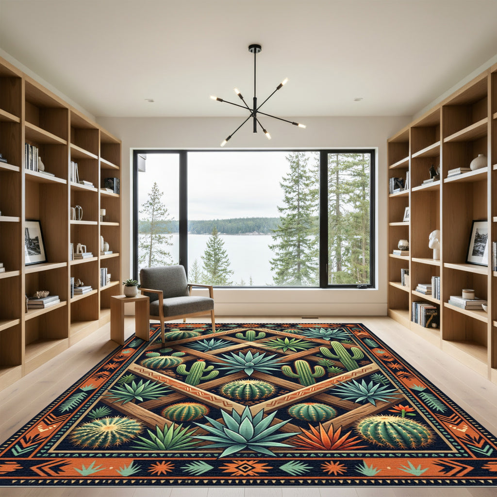 Southwestern Succulent Cactus Geometric Grid Rug