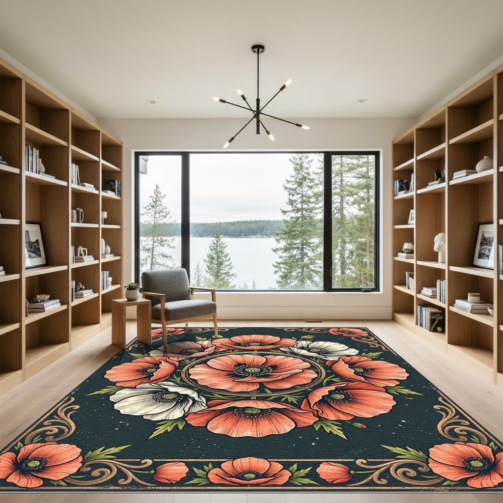 Elegant Poppy Wreath Dark Botanical Area Rug