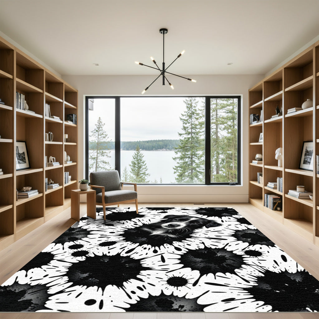 Black White Splatter Dog Portrait Rug