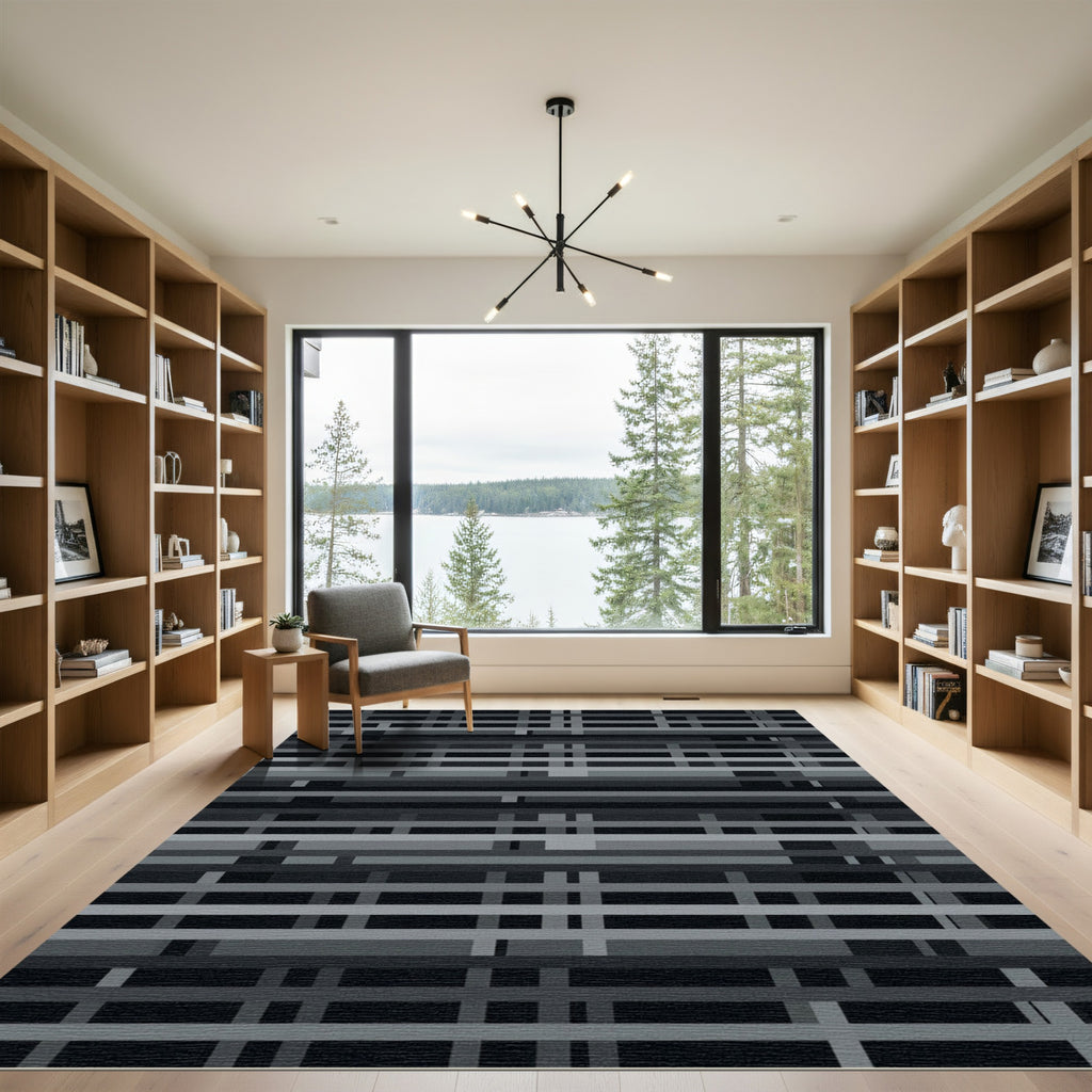 Monochrome Grid Abstract Linear Layered Rug