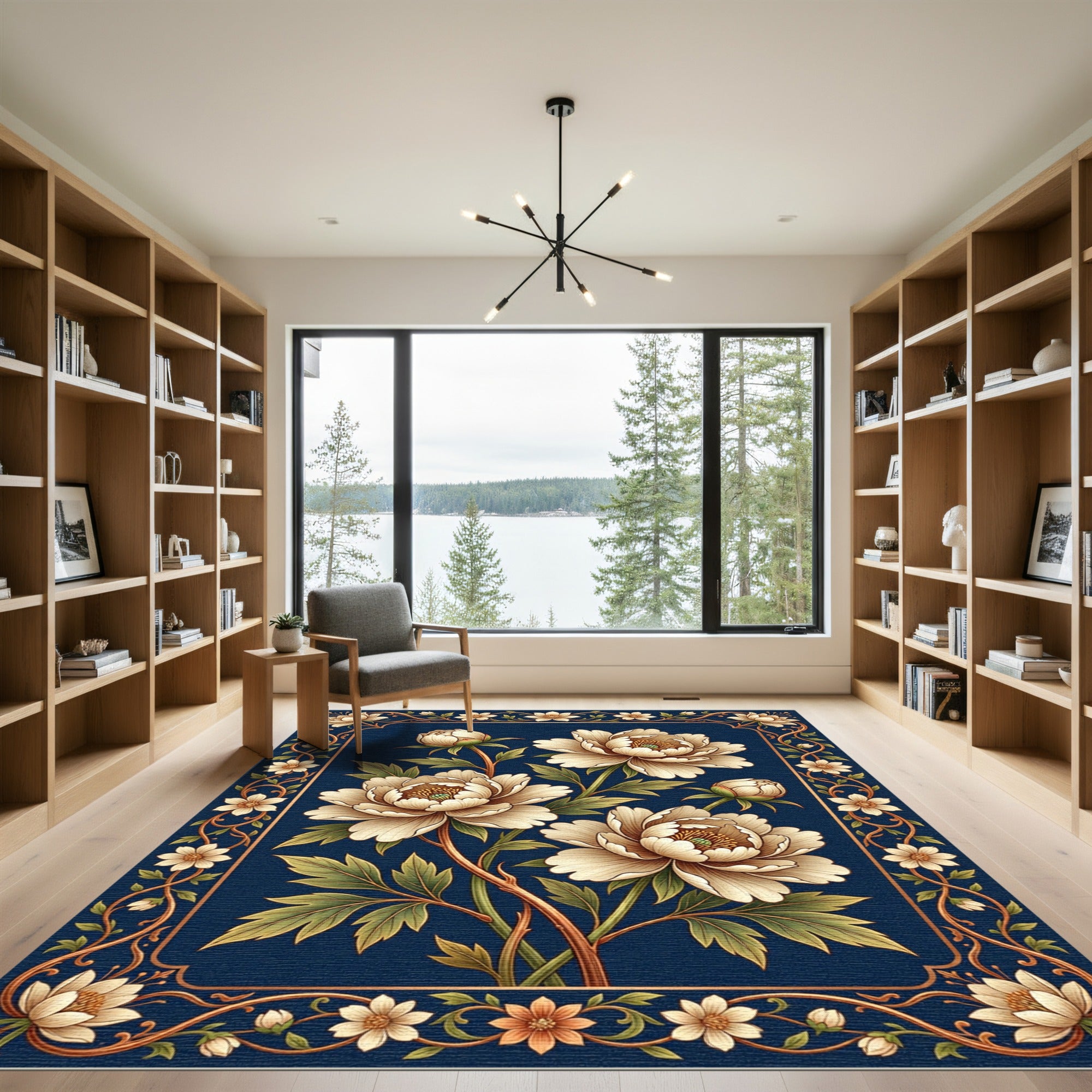 Elegant Cream Peony Navy Rectangular Frame Rug