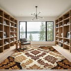 Distressed Cream and Brown Damask Scroll Rug