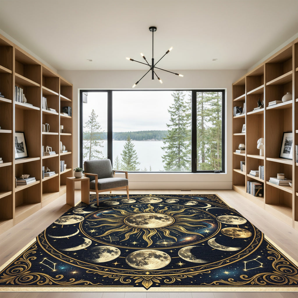 Celestial Gold Moon Phase Astronomy Art Rug
