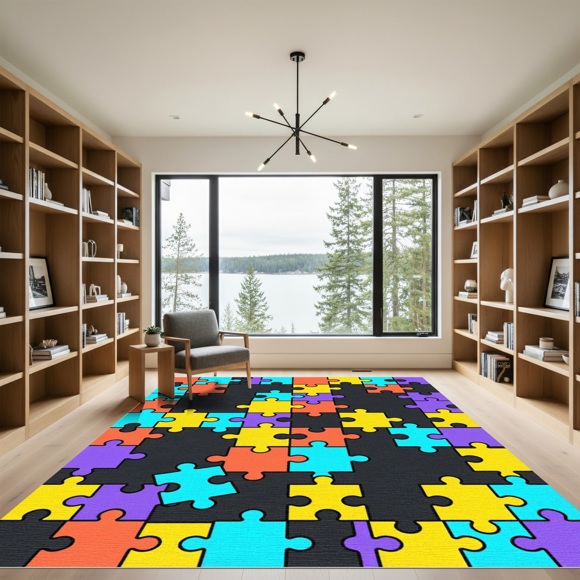 Vibrant Geometric Multicolored Jigsaw Puzzle Art Rug