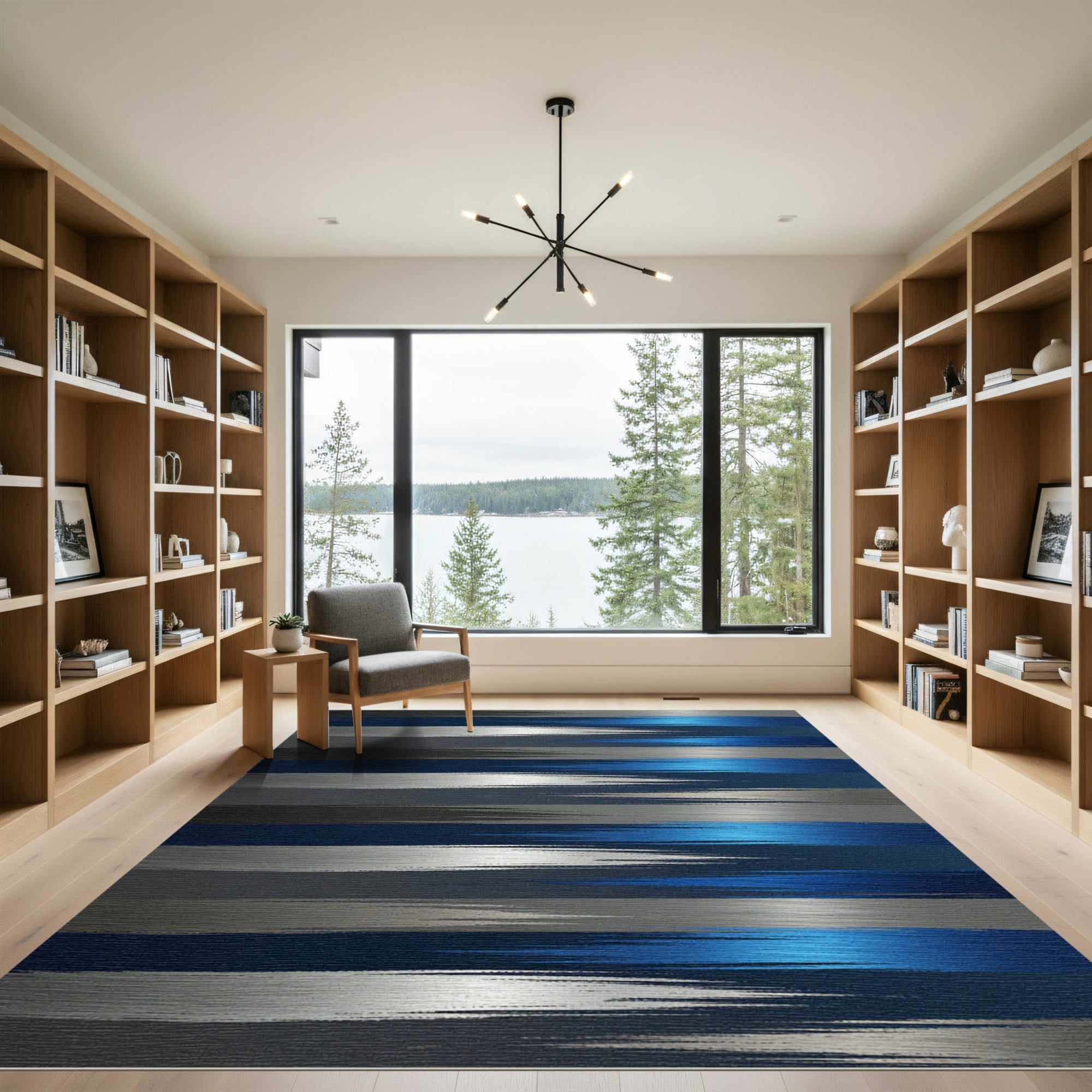 Modern Metallic Blue and Silver Horizontal Brushstroke Rug