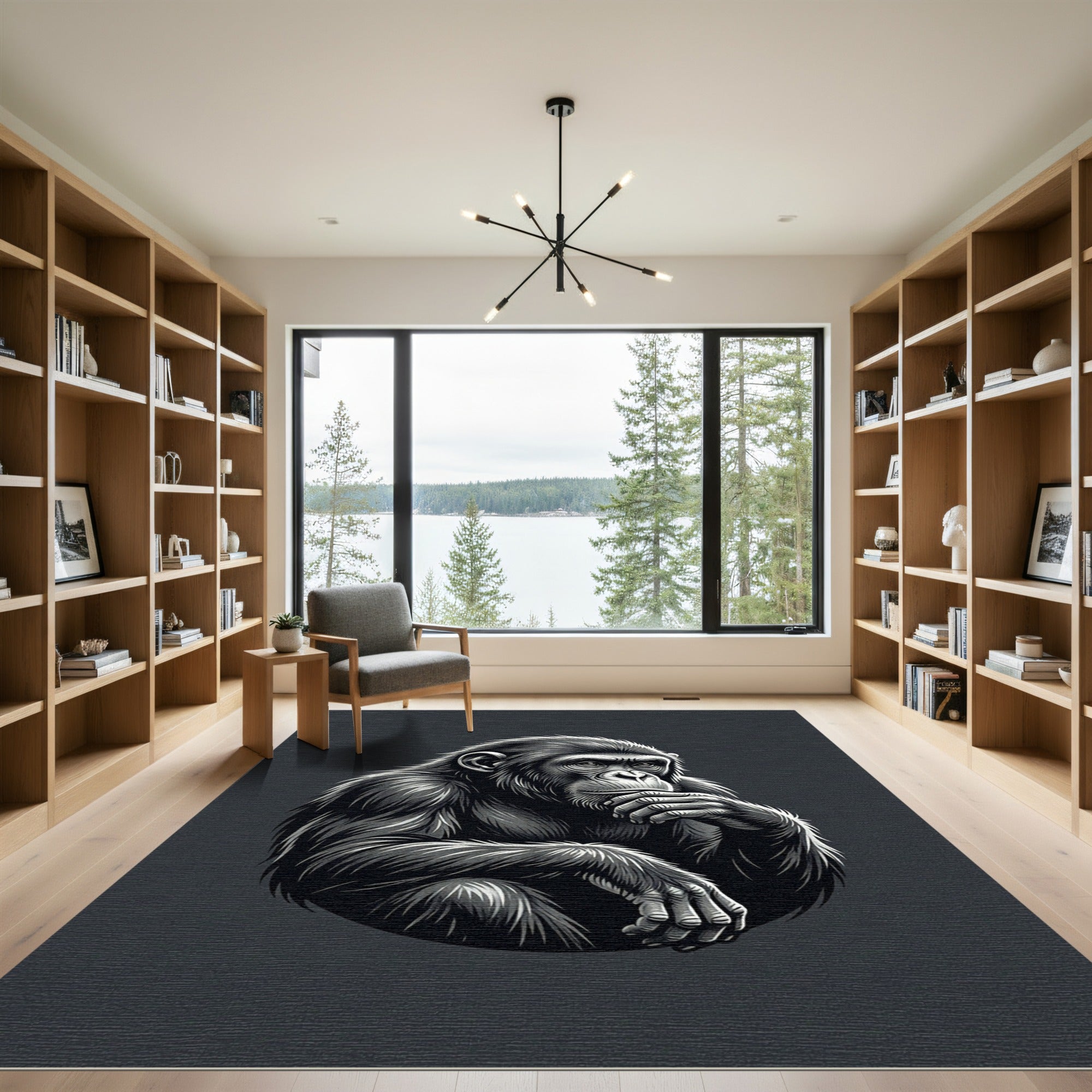 Contemplative Chimpanzee Monochromatic Charcoal Portrait Rug